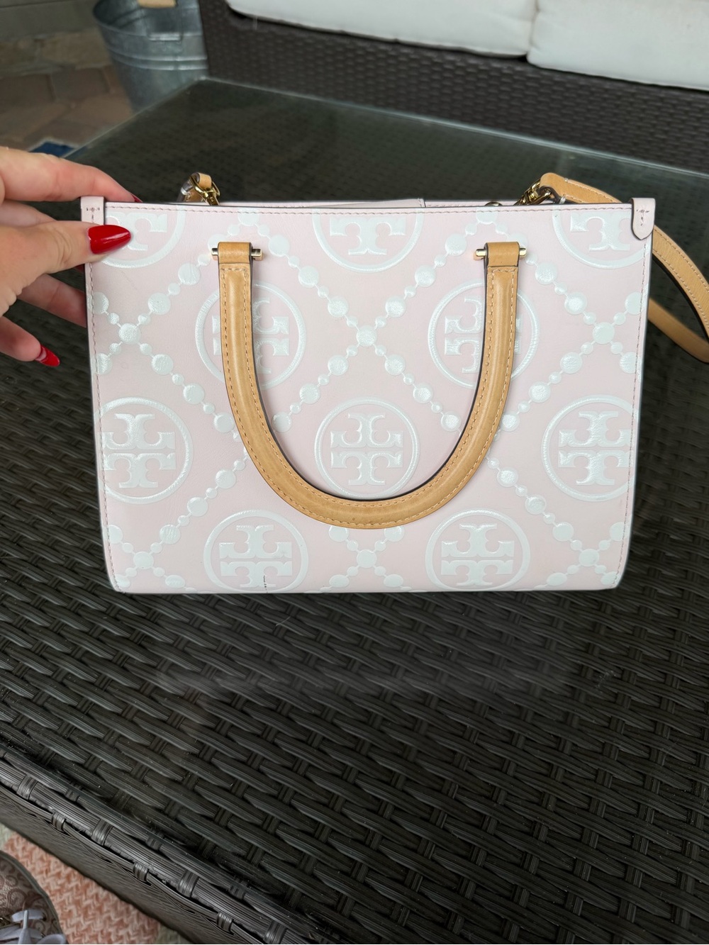Tory Burch Light Pink Logo Print Satchel with Tan Handles
